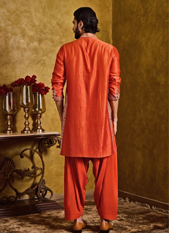 Rust Orange Tissue Chanderi Kurta Set Nitika Gujral - Men - Fabilicious Fashion