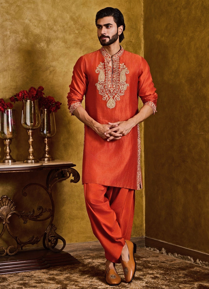Rust Orange Tissue Chanderi Kurta Set Nitika Gujral - Men - Fabilicious Fashion