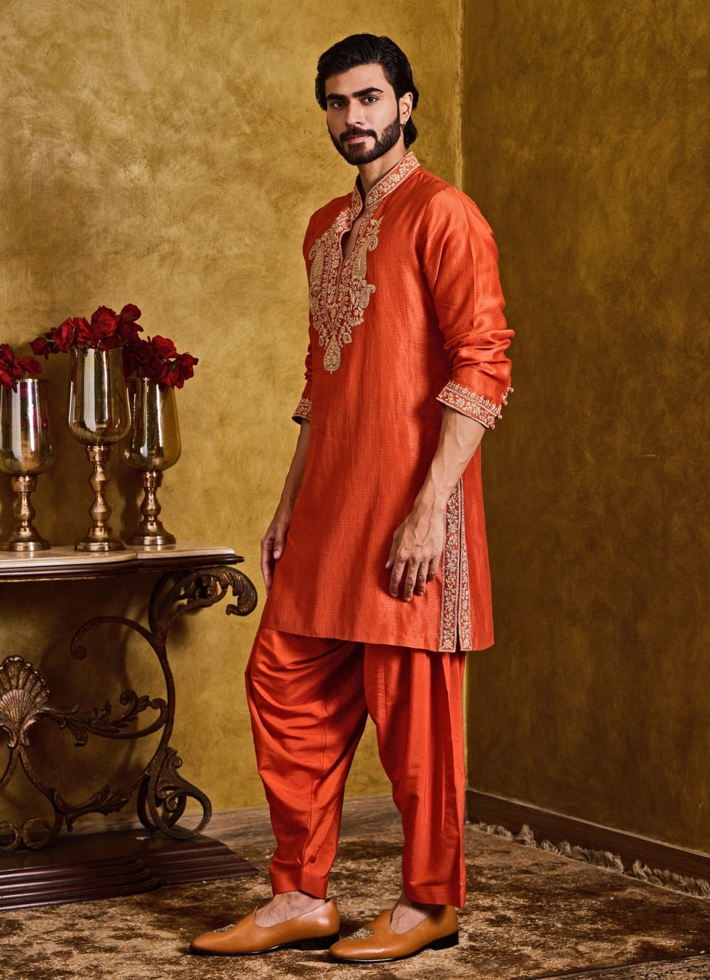 Rust Orange Tissue Chanderi Kurta Set Nitika Gujral - Men - Fabilicious Fashion