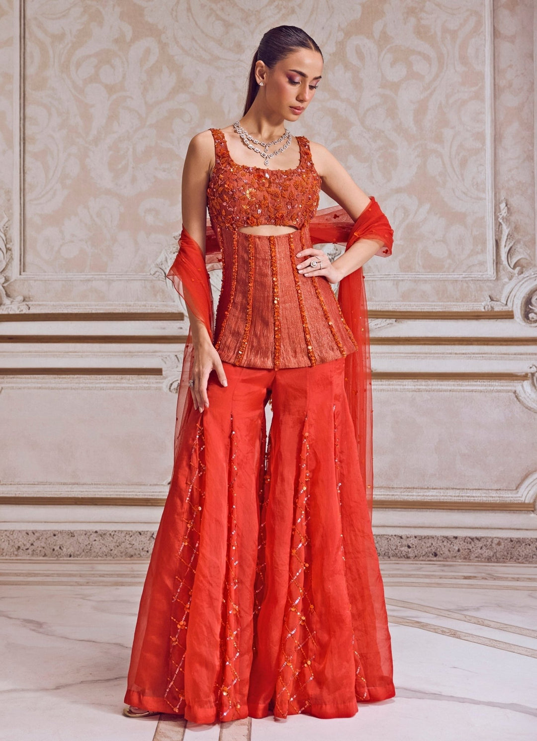 Rust Orange Tissue Sharara With Corset Sanya Gulati - Fabilicious Fashion