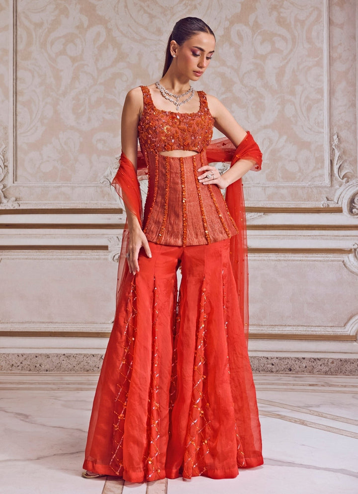 Rust Orange Tissue Sharara With Corset Sanya Gulati - Fabilicious Fashion