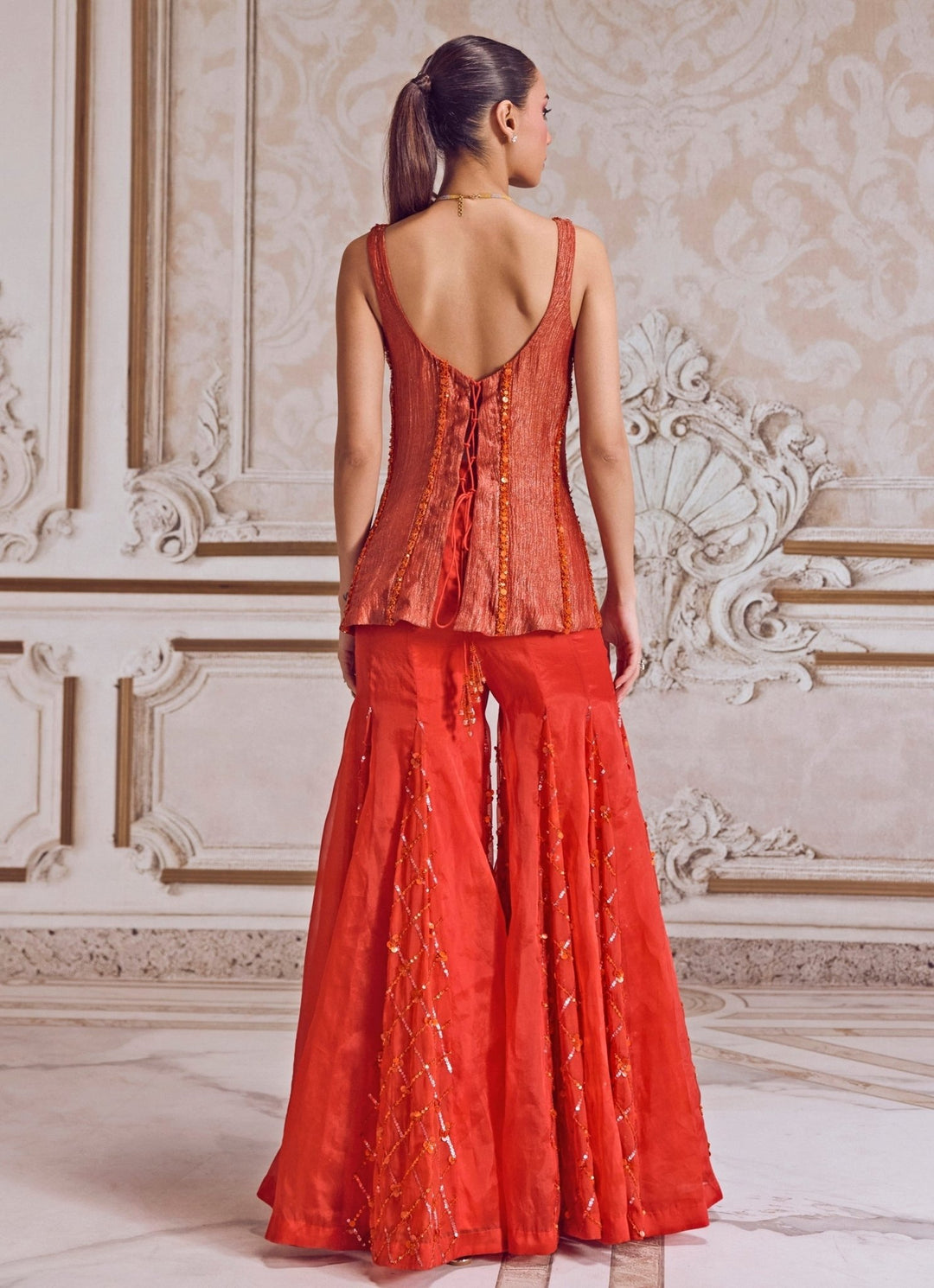 Rust Orange Tissue Sharara With Corset Sanya Gulati - Fabilicious Fashion
