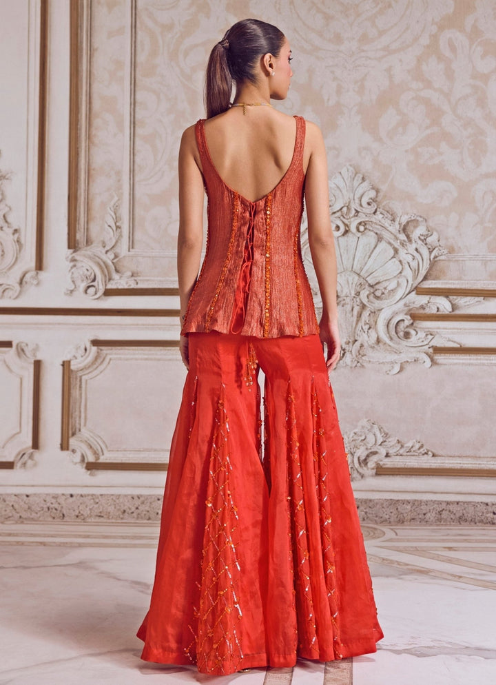Rust Orange Tissue Sharara With Corset Sanya Gulati - Fabilicious Fashion
