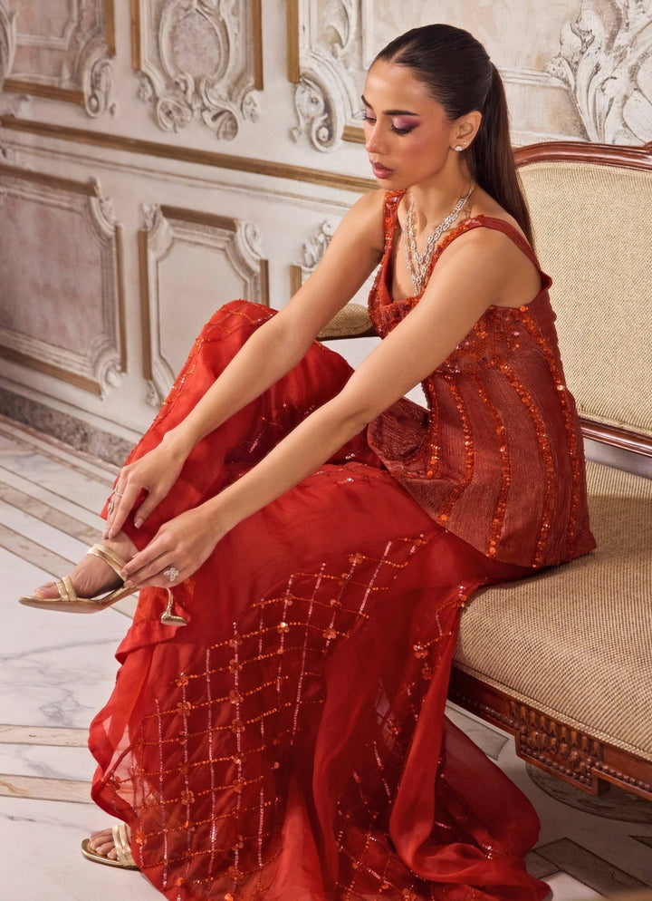Rust Orange Tissue Sharara With Corset Sanya Gulati - Fabilicious Fashion