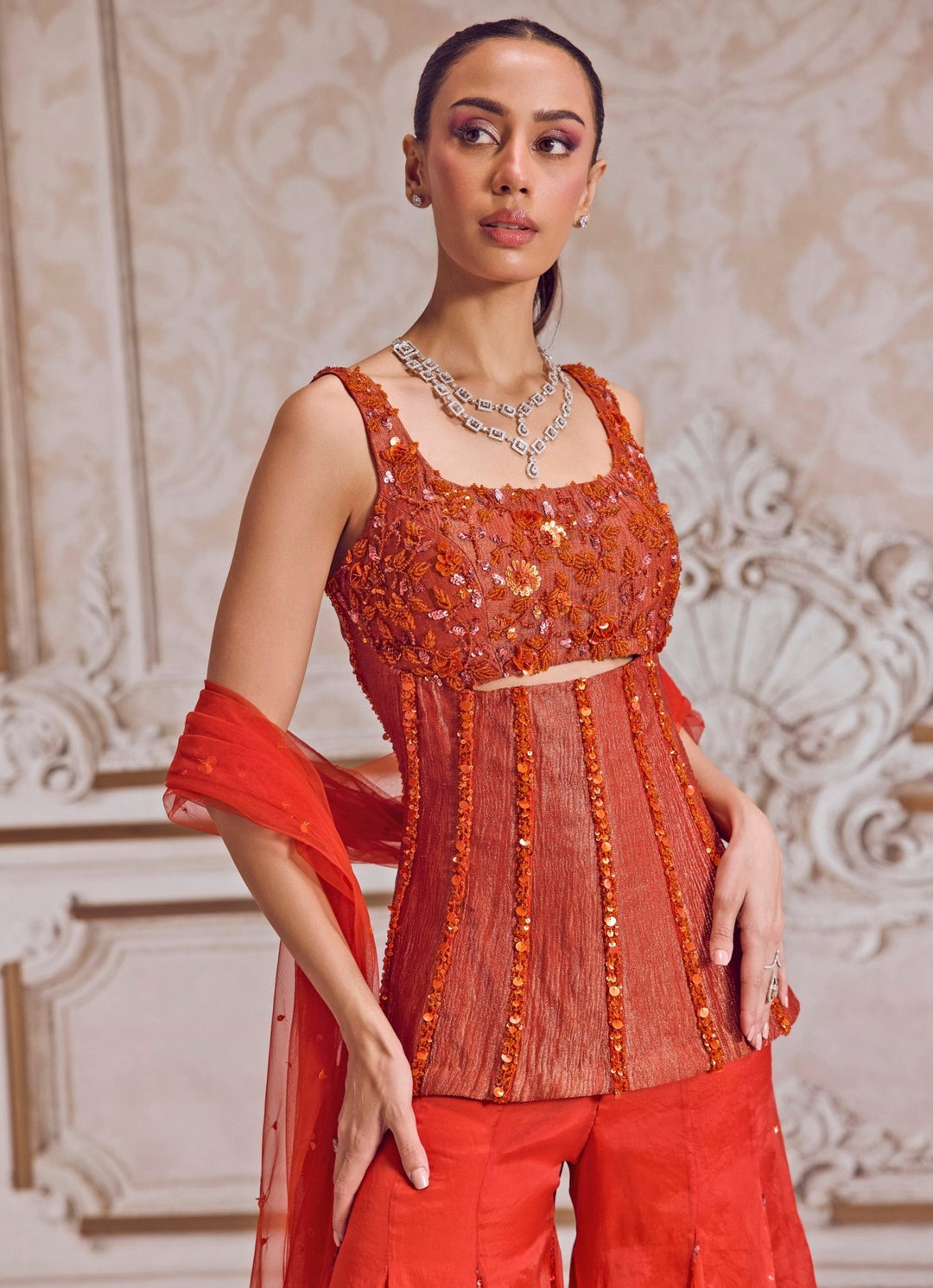 Rust Orange Tissue Sharara With Corset Sanya Gulati - Fabilicious Fashion