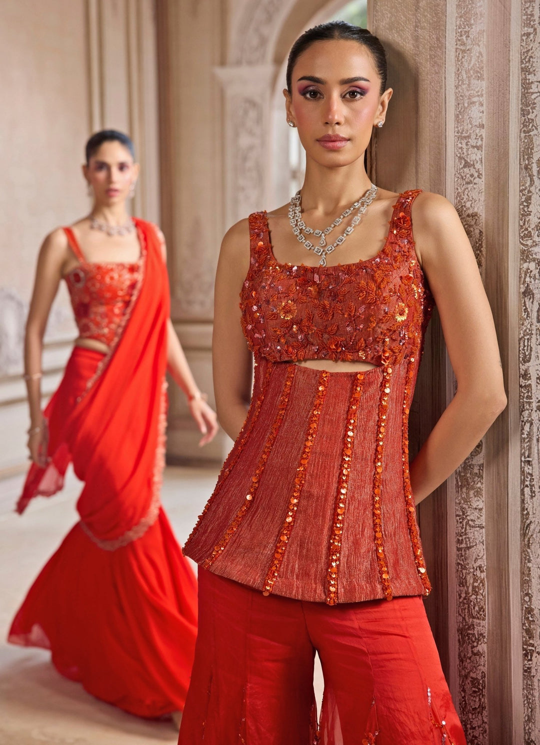 Rust Orange Tissue Sharara With Corset Sanya Gulati - Fabilicious Fashion