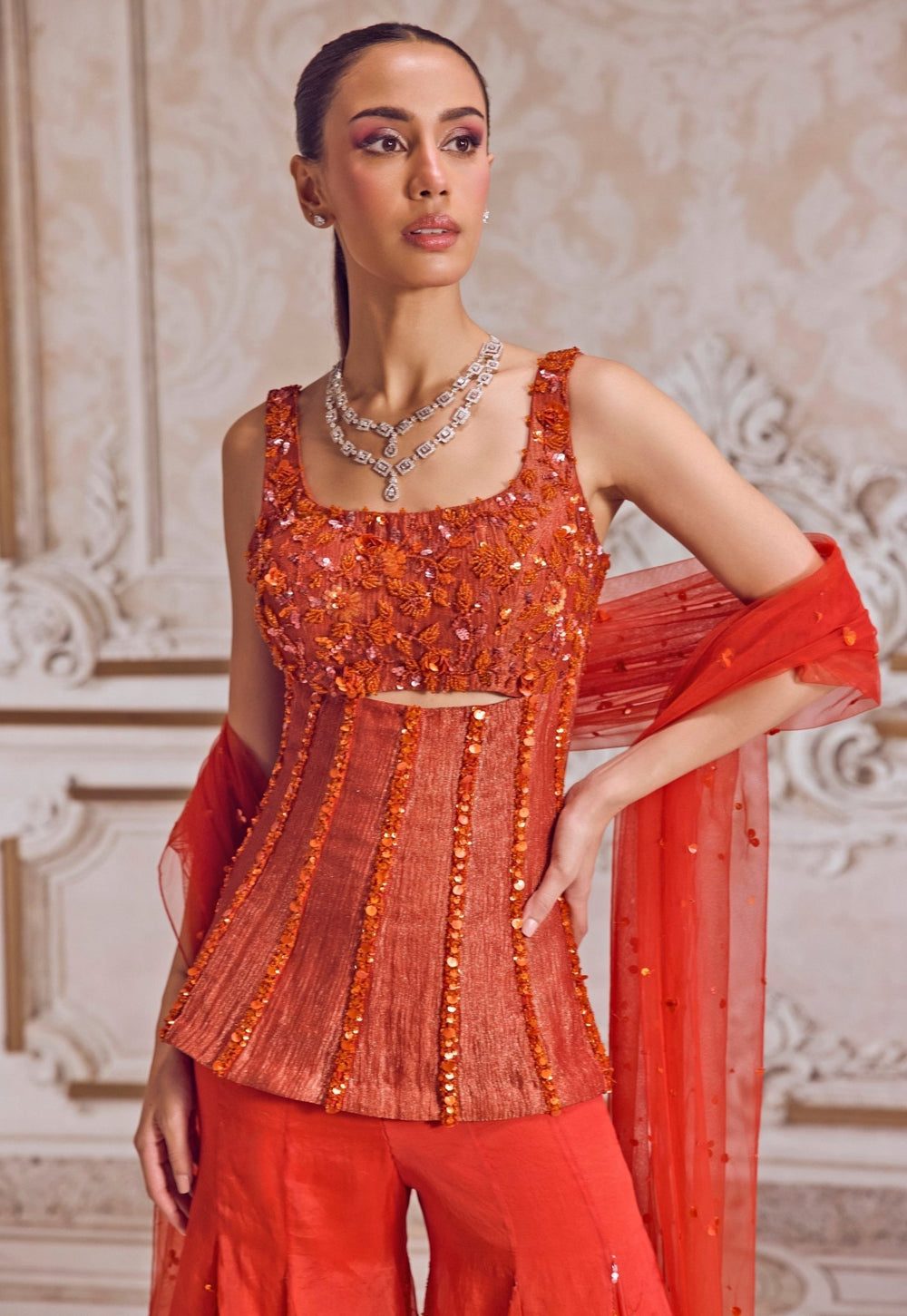 Rust Orange Tissue Sharara With Corset Sanya Gulati - Fabilicious Fashion