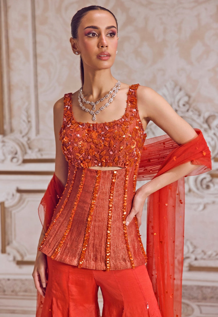 Rust Orange Tissue Sharara With Corset Sanya Gulati - Fabilicious Fashion