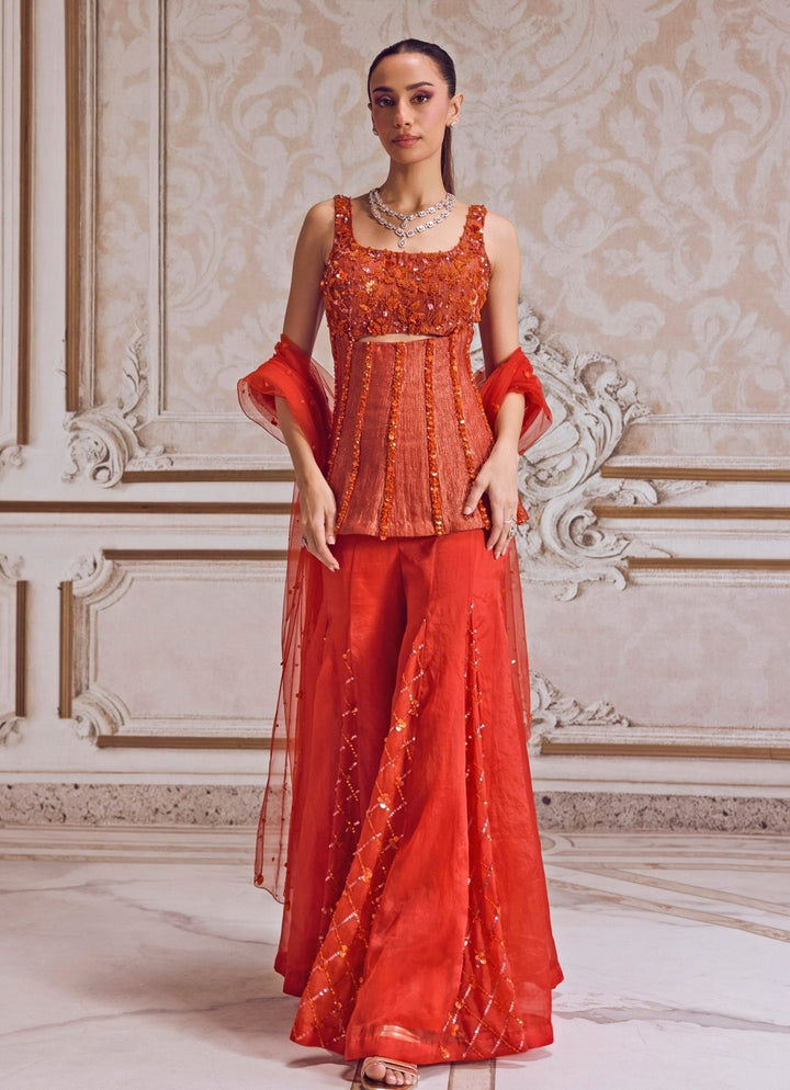 Rust Orange Tissue Sharara With Corset Sanya Gulati - Fabilicious Fashion