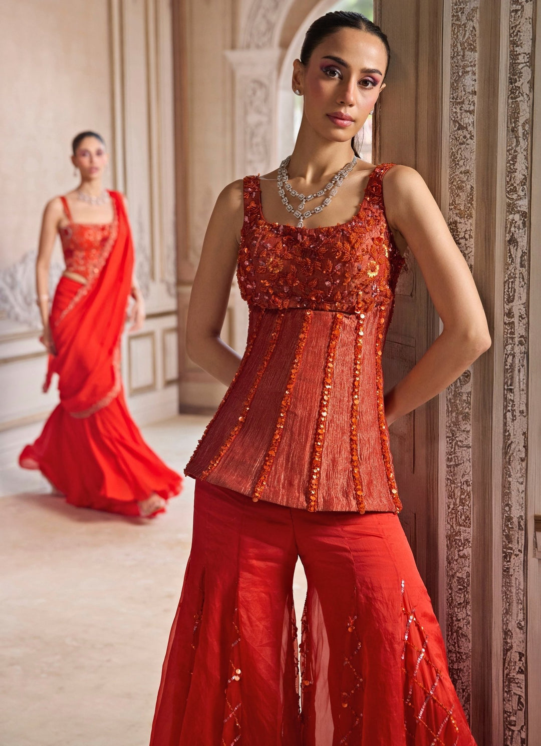 Rust Orange Tissue Sharara With Corset Sanya Gulati - Fabilicious Fashion