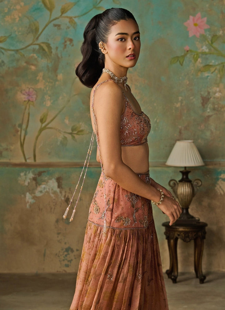 Zoon Tribe Rust Peach Printed Organza Pleated Skirt SetFabilicious Fashion