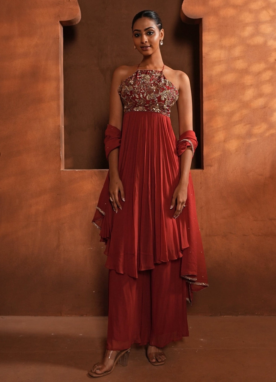 Rust Red Embroidered Georgette Anarkali Set Enamour by Radha - Fabilicious Fashion