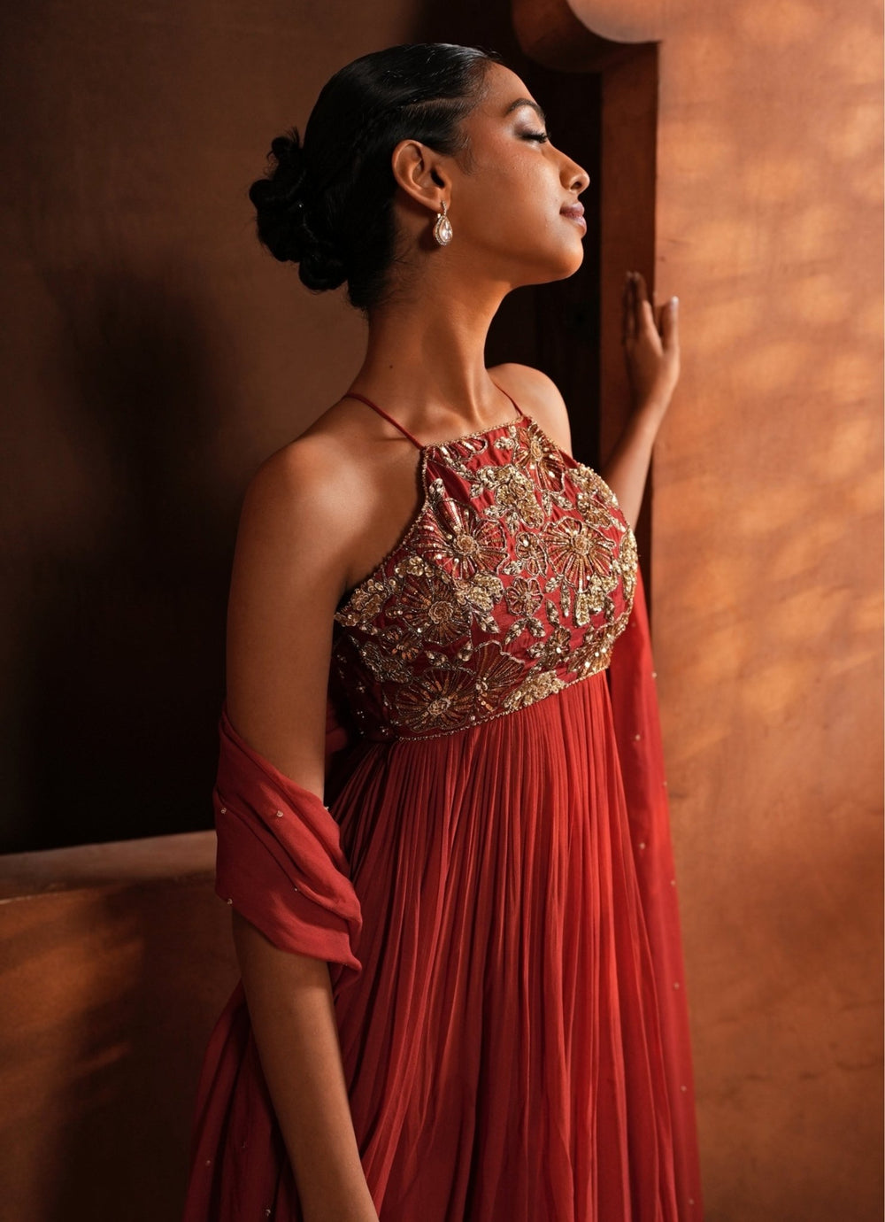 Rust Red Embroidered Georgette Anarkali Set Enamour by Radha - Fabilicious Fashion