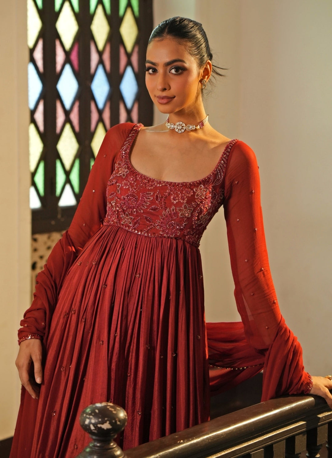 Rust Red Embroidered Silk Anarkali Set Enamour by Radha - Fabilicious Fashion