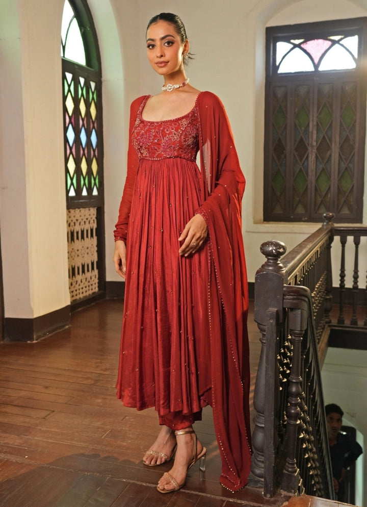 Rust Red Embroidered Silk Anarkali Set Enamour by Radha - Fabilicious Fashion