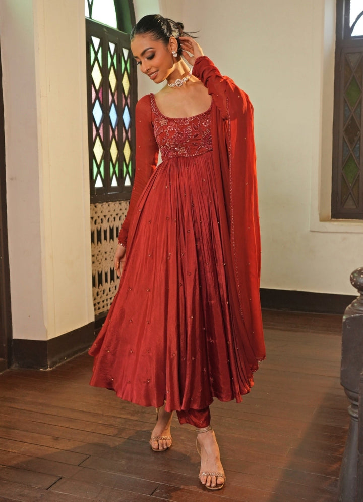 Rust Red Embroidered Silk Anarkali Set Enamour by Radha - Fabilicious Fashion