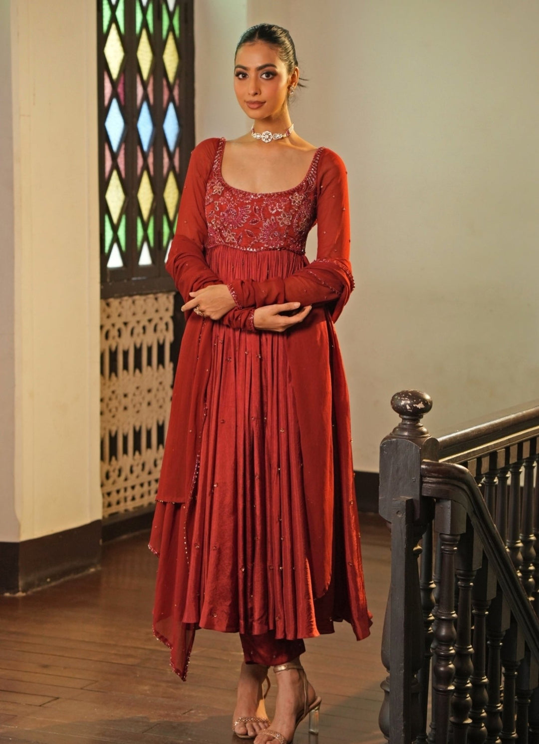 Rust Red Embroidered Silk Anarkali Set Enamour by Radha - Fabilicious Fashion