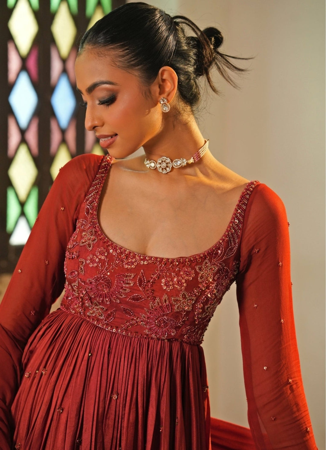Rust Red Embroidered Silk Anarkali Set Enamour by Radha - Fabilicious Fashion