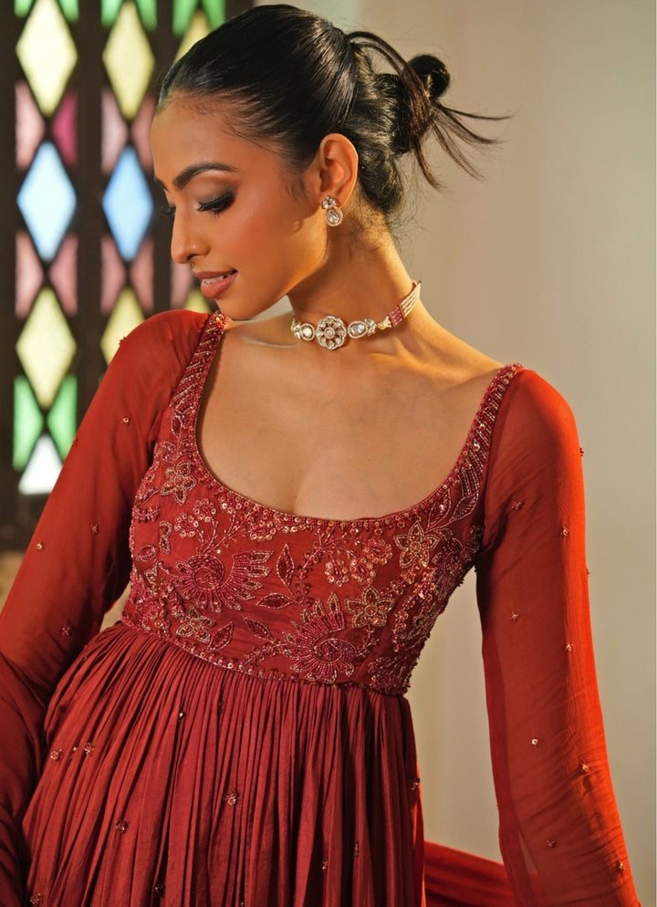 Rust Red Embroidered Silk Anarkali Set Enamour by Radha - Fabilicious Fashion