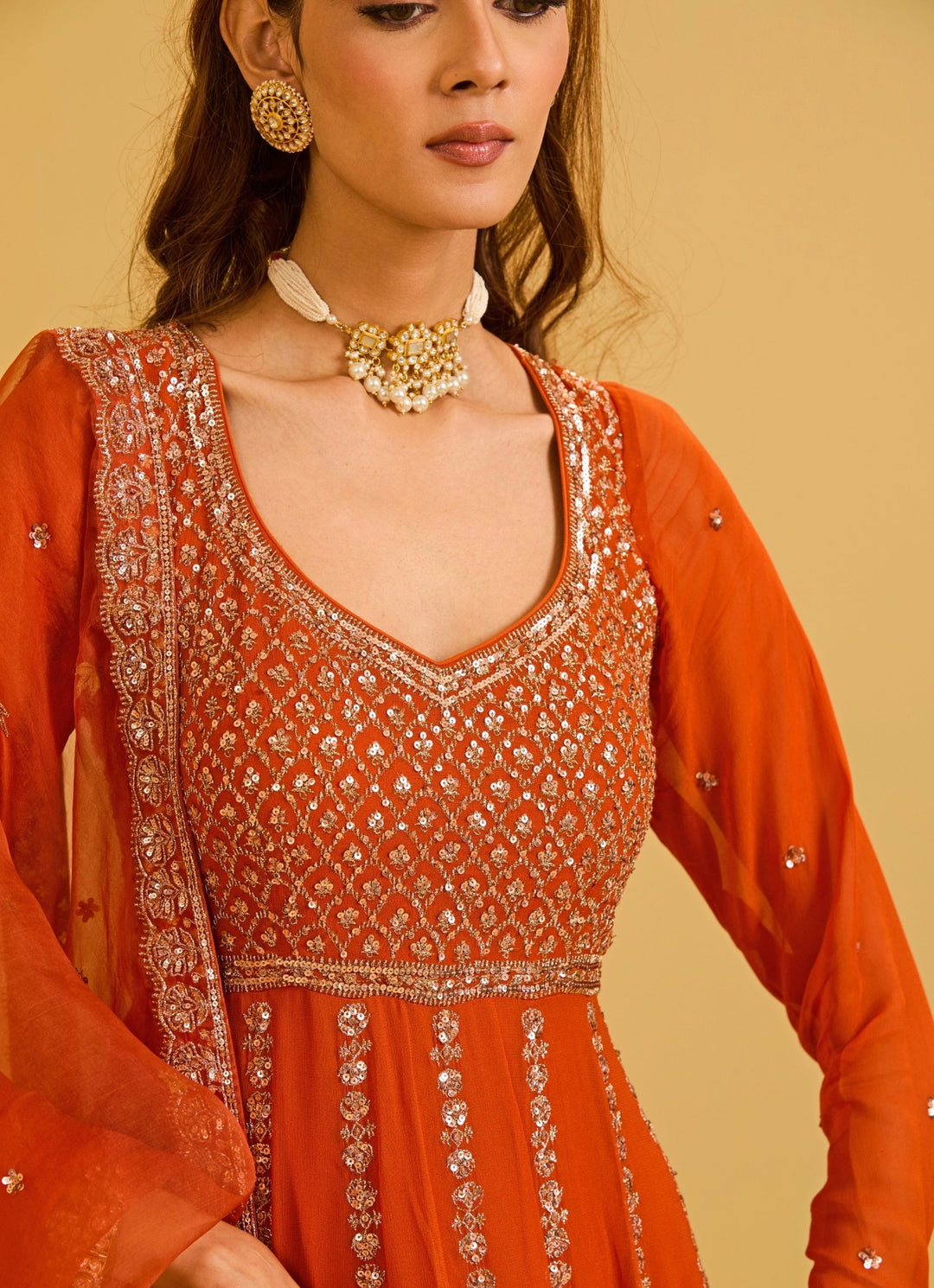 Esha Koul Rust Red Georgette Anarkali SetFabilicious Fashion