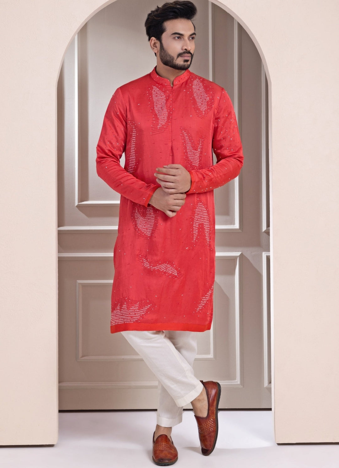 Rust Red Satin Embroidered Kurta Pant Set Smriti - Fabilicious Fashion