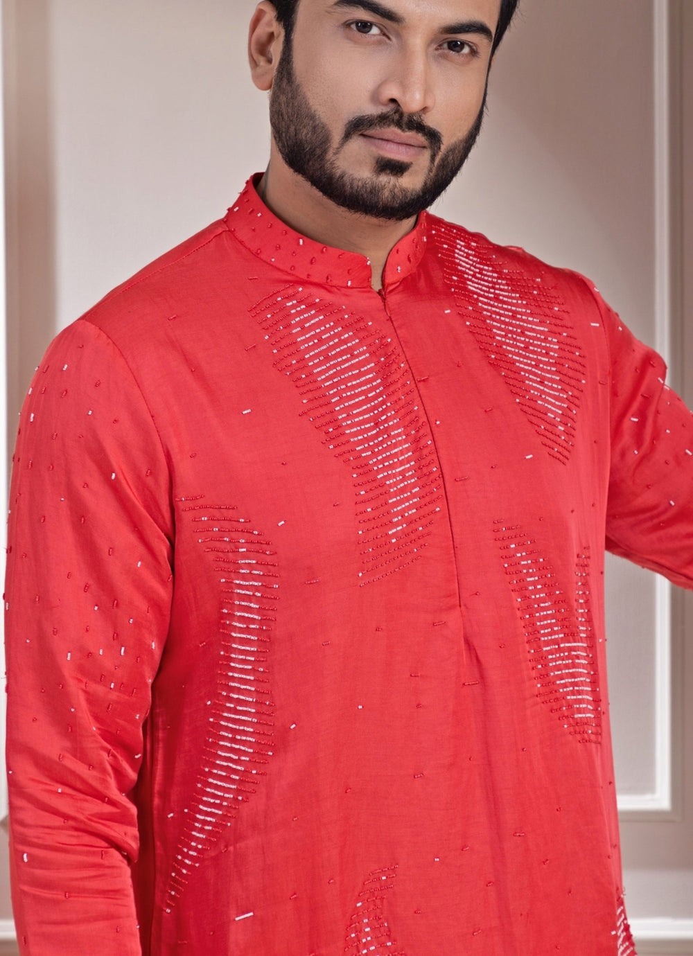 Rust Red Satin Embroidered Kurta Pant Set Smriti - Fabilicious Fashion