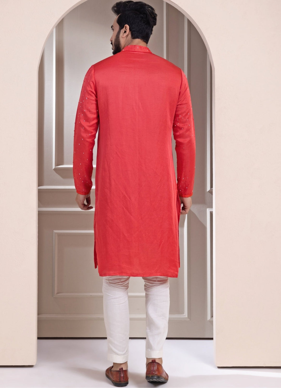 Rust Red Satin Embroidered Kurta Pant Set Smriti - Fabilicious Fashion