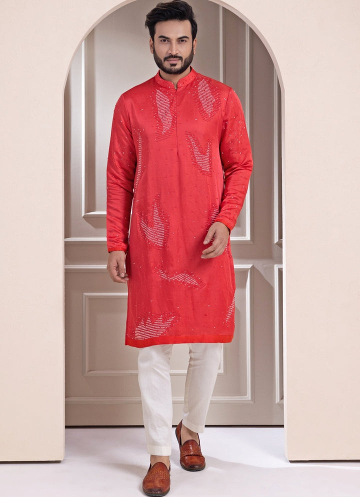 Rust Red Satin Embroidered Kurta Pant Set Smriti - Fabilicious Fashion