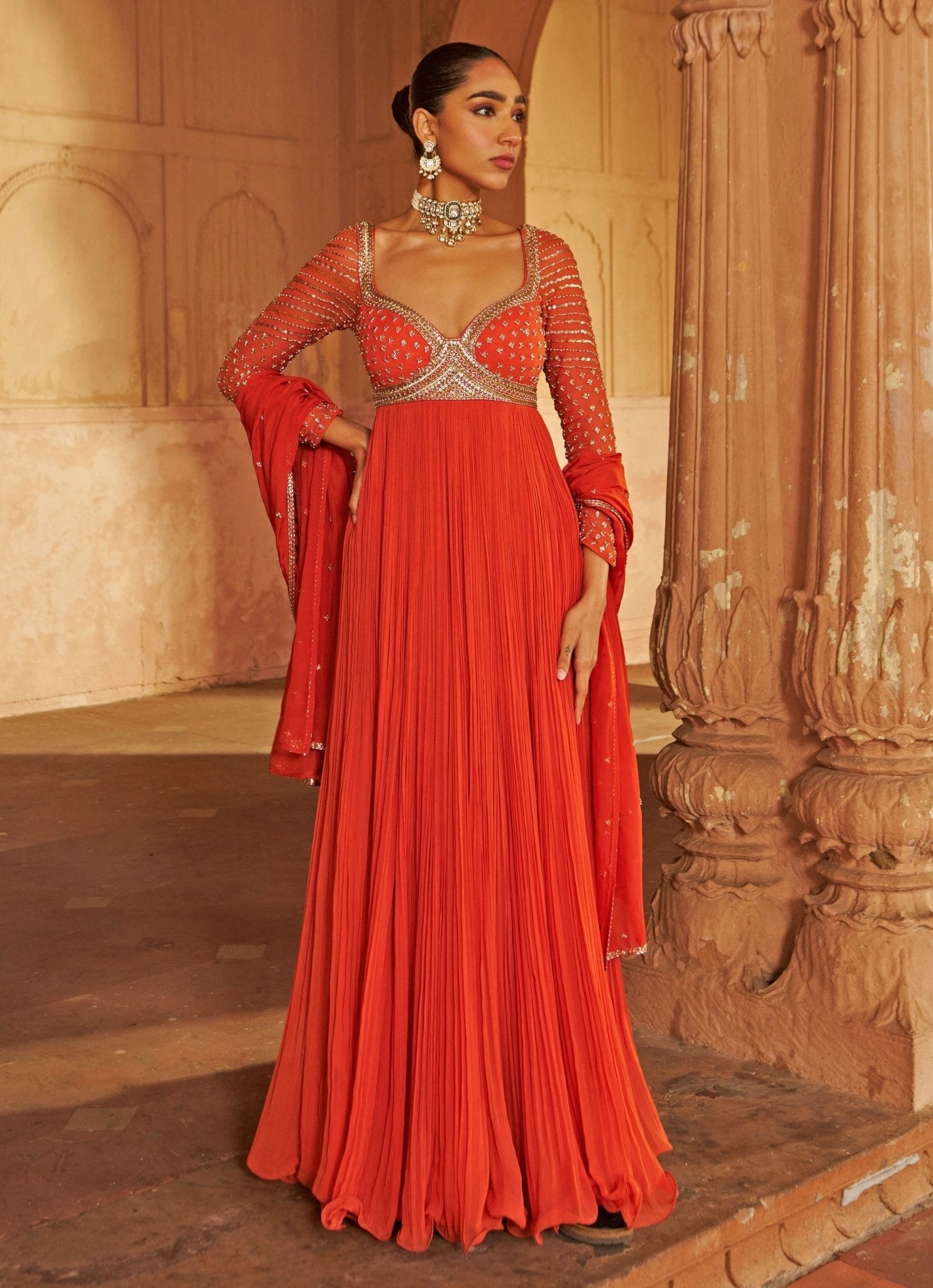 Rust Nidhika Shekhar Anarkali for family wedding style