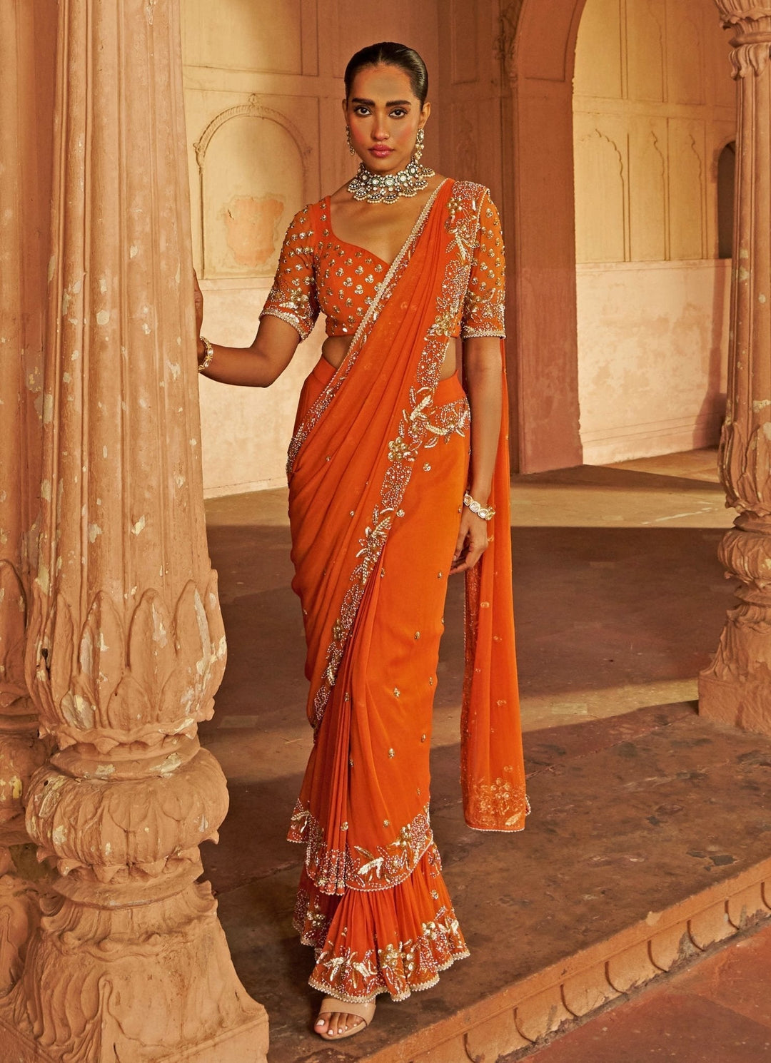 Rust Sequin Floral Embroidered Georgette Saree Nidhika Shekhar - Fabilicious Fashion