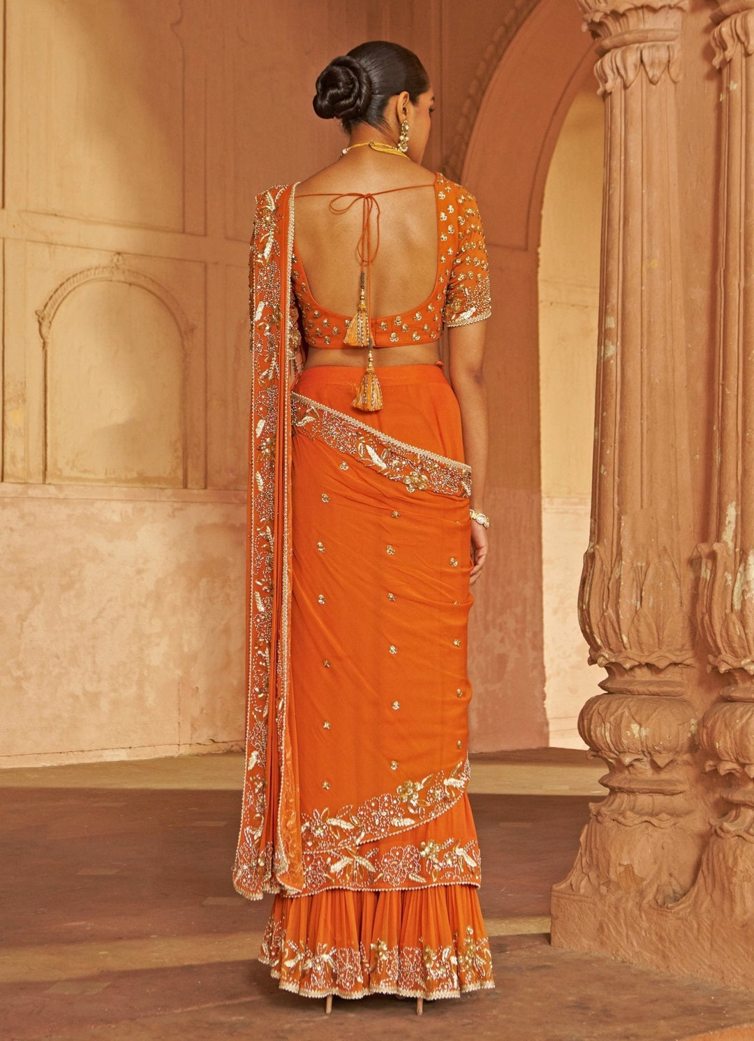 Rust Sequin Floral Embroidered Georgette Saree Nidhika Shekhar - Fabilicious Fashion