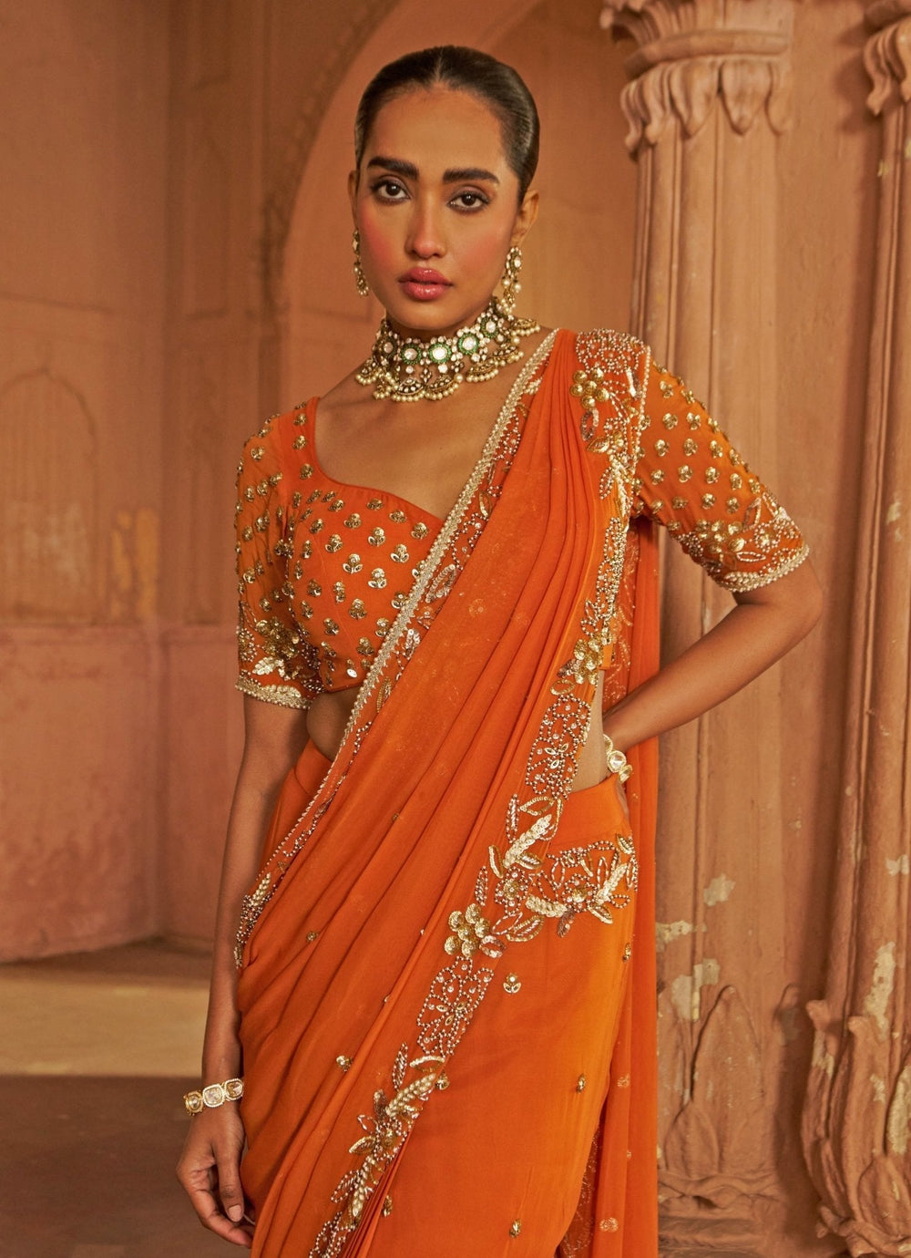 Rust Sequin Floral Embroidered Georgette Saree Nidhika Shekhar - Fabilicious Fashion