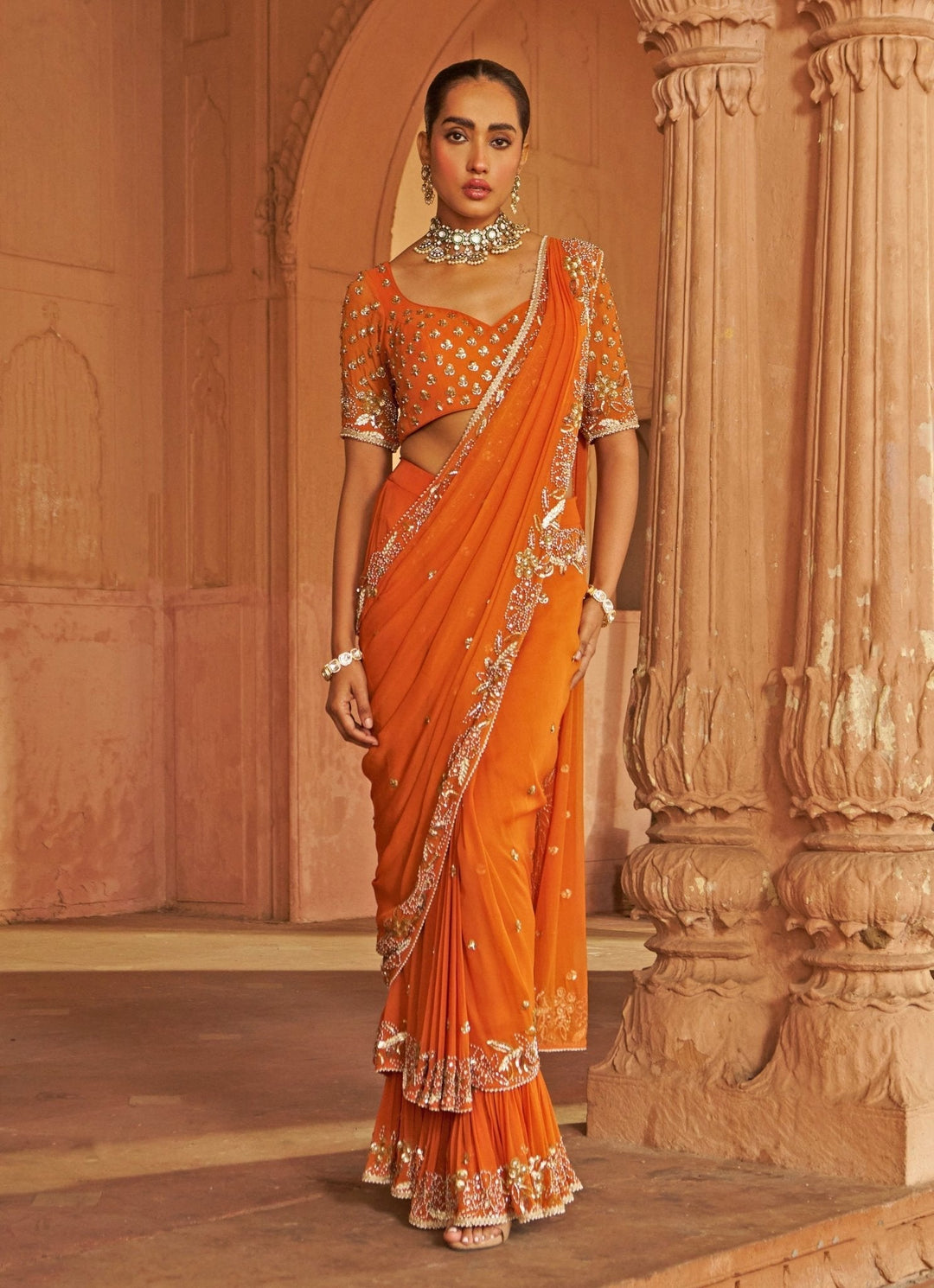Rust Sequin Floral Embroidered Georgette Saree Nidhika Shekhar - Fabilicious Fashion