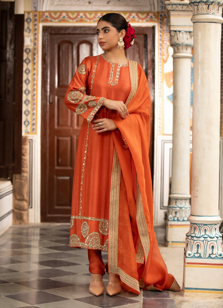 Rust Silk Chanderi Kurta Churidar Set Neha Khullar - Fabilicious Fashion