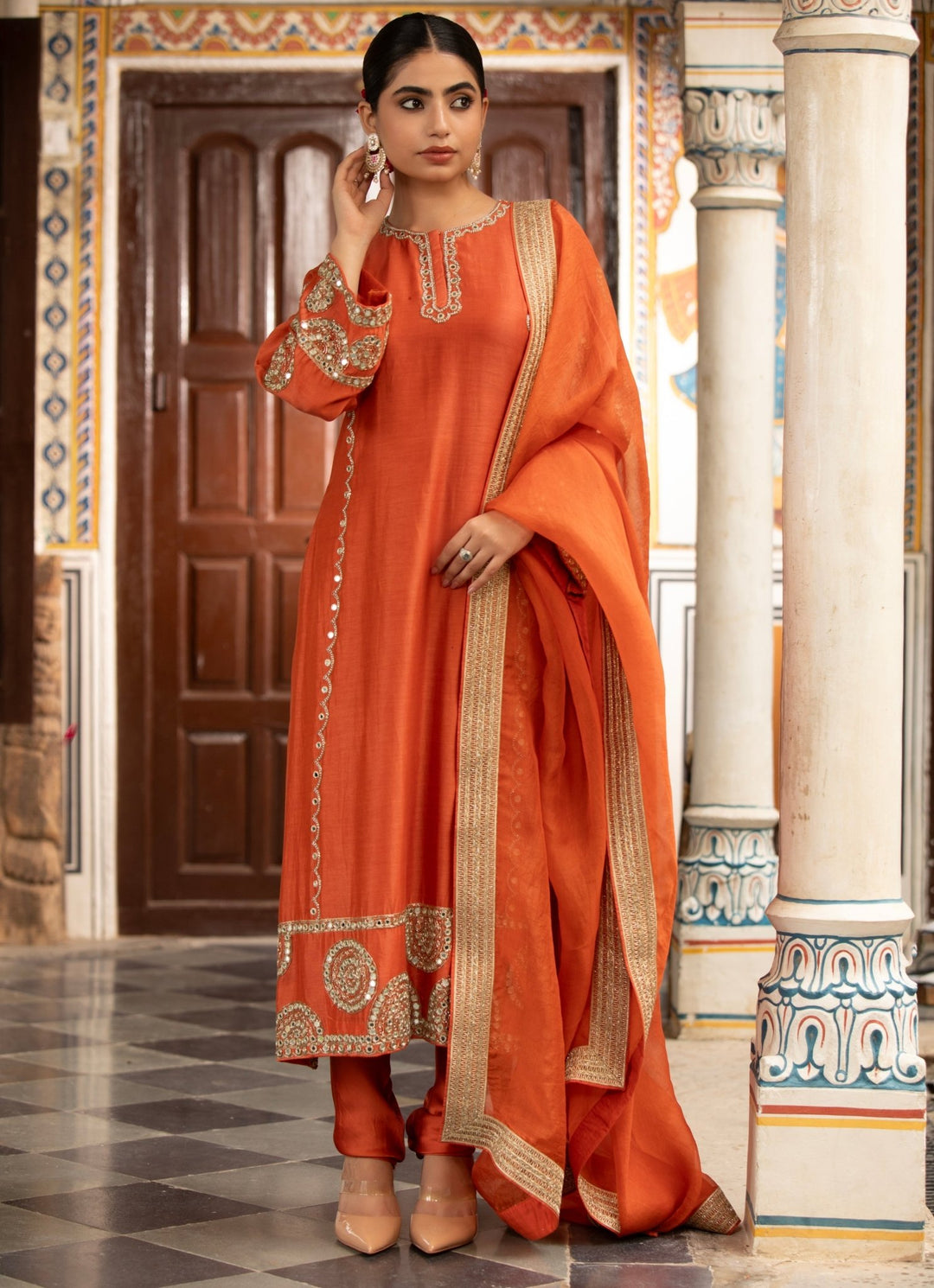 Rust Silk Chanderi Kurta Churidar Set Neha Khullar - Fabilicious Fashion