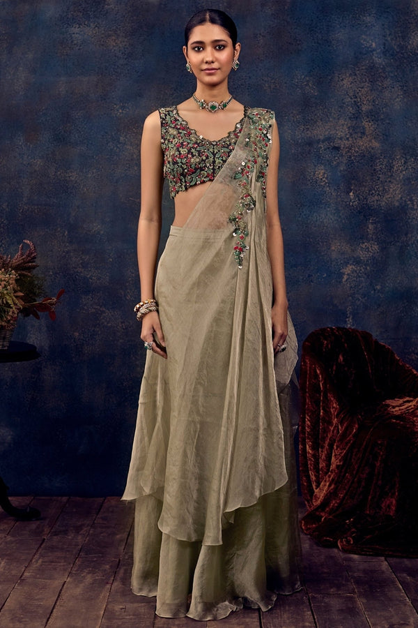 Sage Green and Blue Tissue Concept Pre-Draped Saree by Prisho
