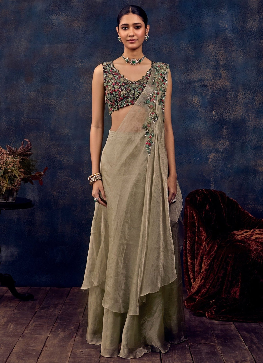 Prisho Sage Green And Blue Tissue Concept Pre-Draped SareeFabilicious Fashion