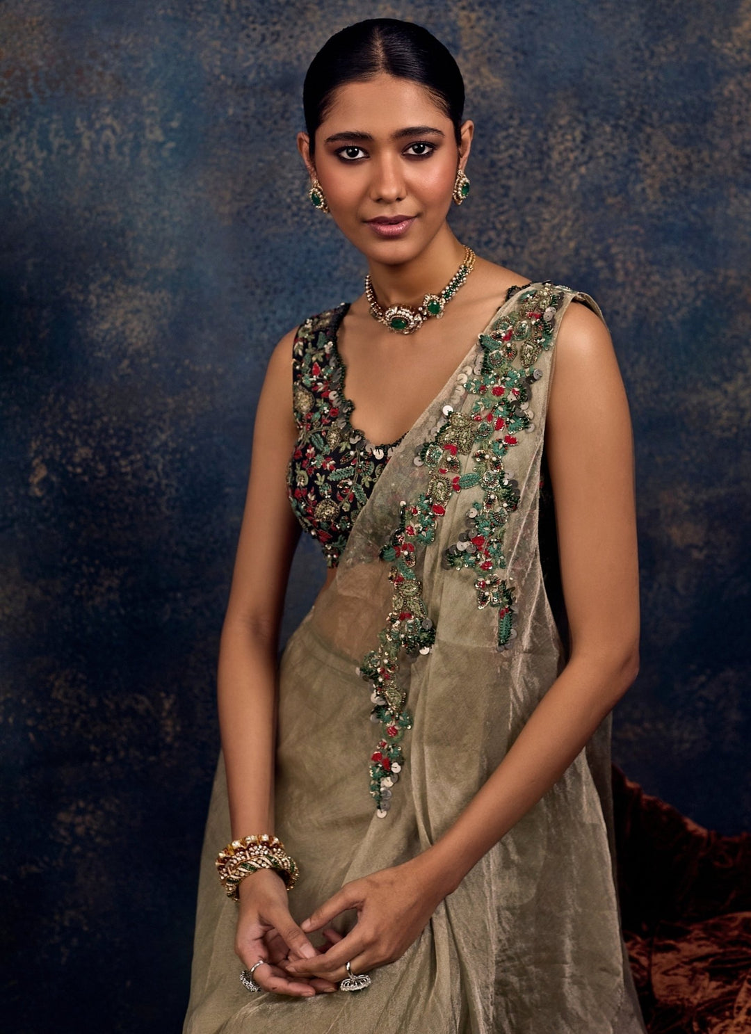 Prisho Sage Green And Blue Tissue Concept Pre-Draped SareeFabilicious Fashion