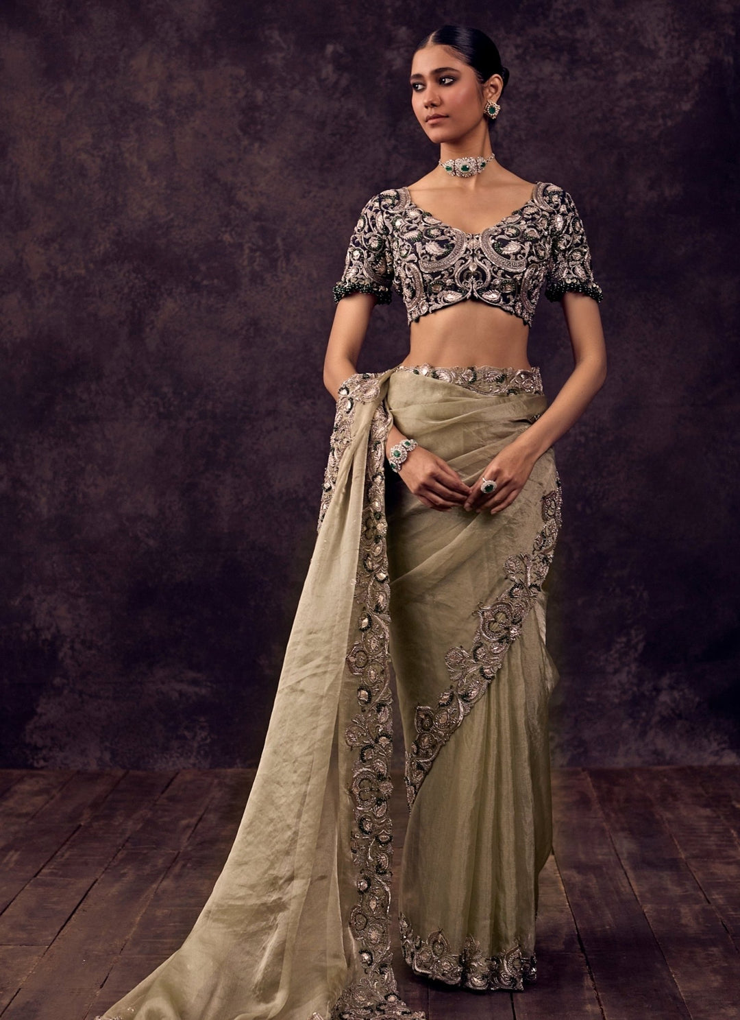 Prisho Sage Green And Blue Tissue SareeFabilicious Fashion