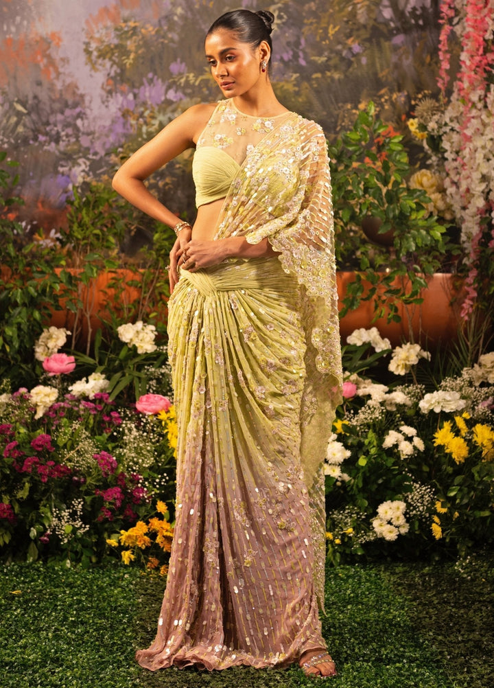 Sage Green And Blush Pink Embroidered Draped Georgette Saree Moledro - Fabilicious Fashion