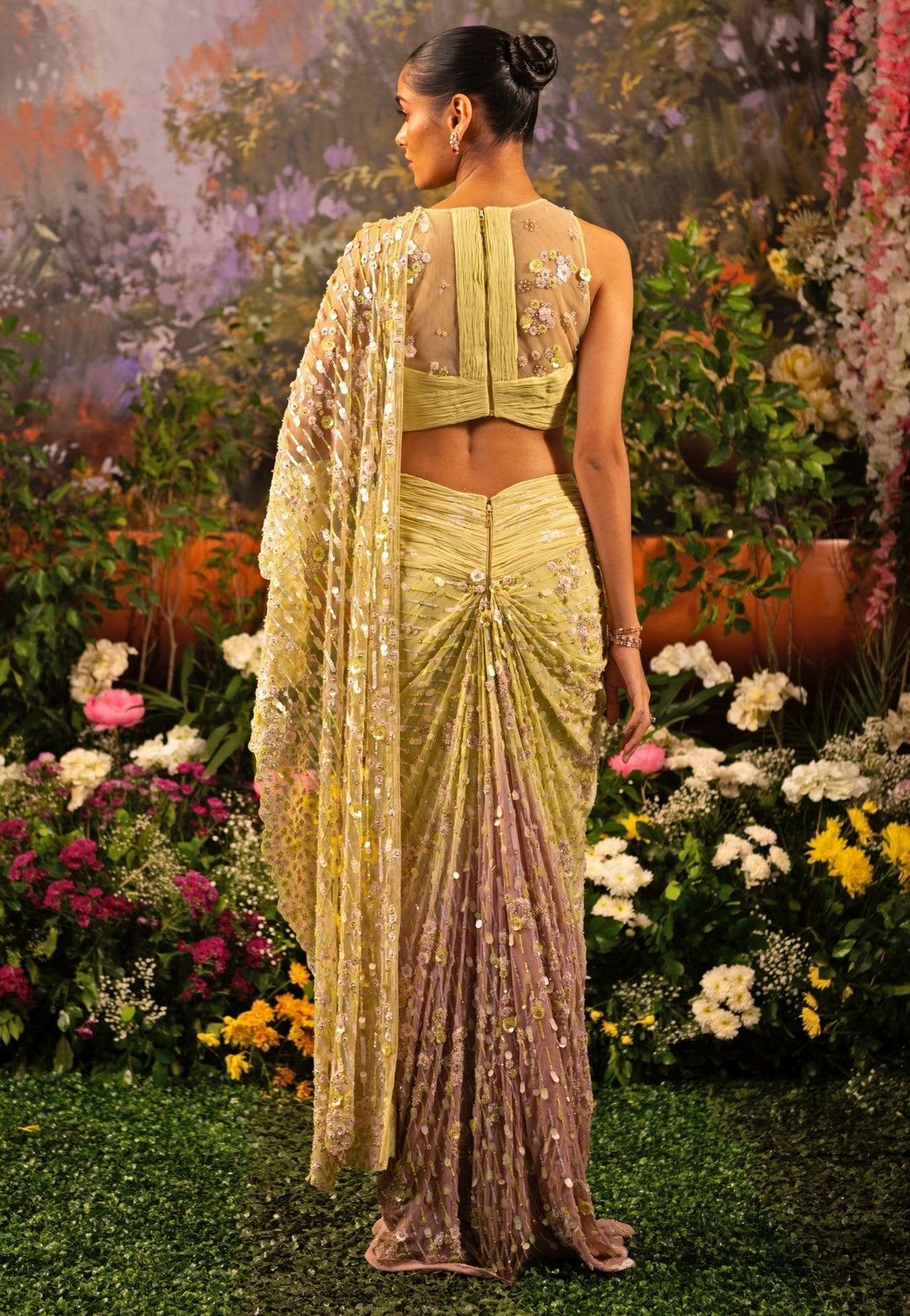 Sage Green And Blush Pink Embroidered Draped Georgette Saree Moledro - Fabilicious Fashion