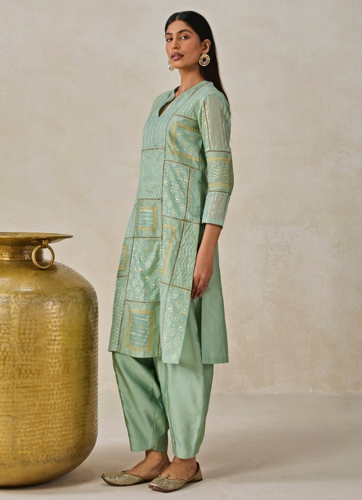 Sage Green And Gold Chanderi Kurta Salwar Set Nitika Gujral - Fabilicious Fashion