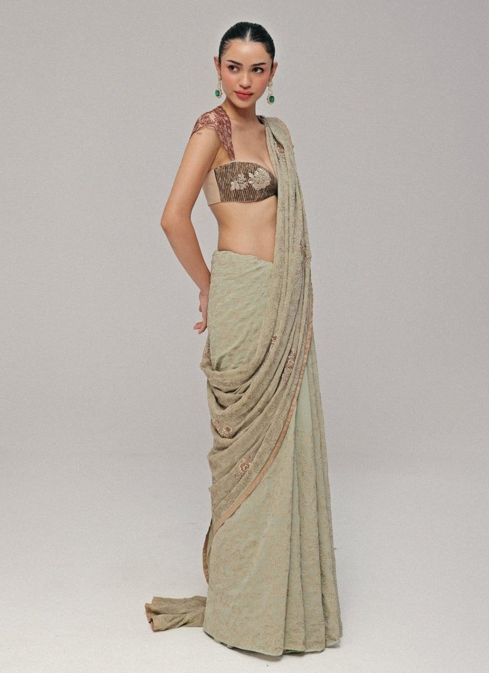 The Little Black Bow Sage Green And Gold Georgette Silk SareeFabilicious Fashion