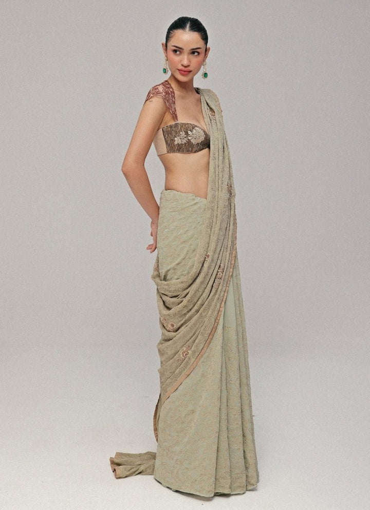 The Little Black Bow Sage Green And Gold Georgette Silk SareeFabilicious Fashion