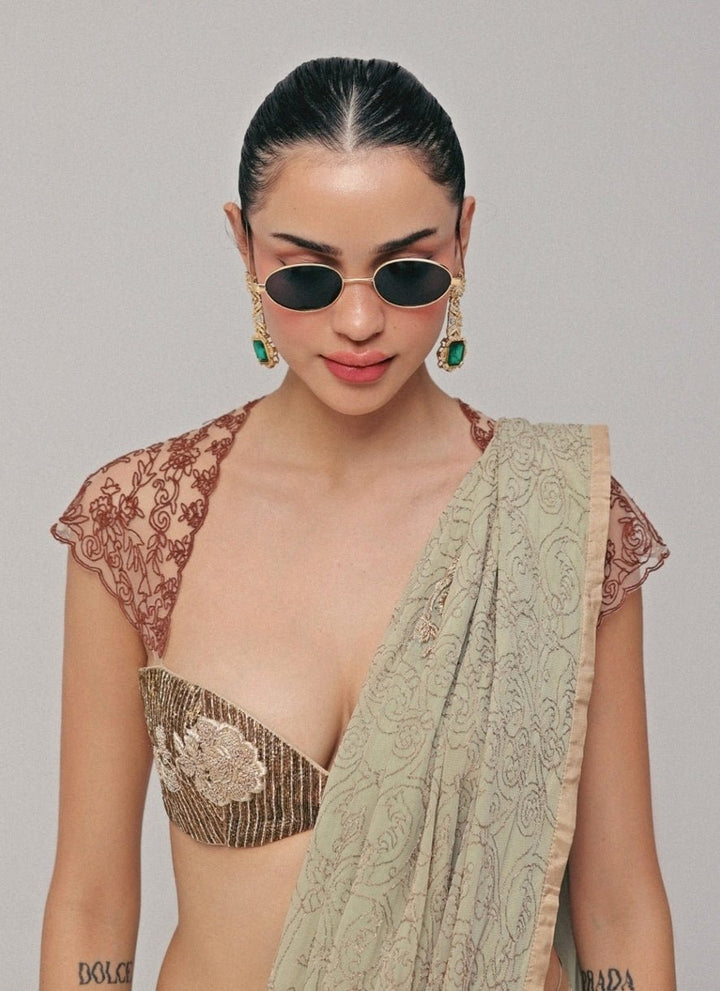 The Little Black Bow Sage Green And Gold Georgette Silk SareeFabilicious Fashion