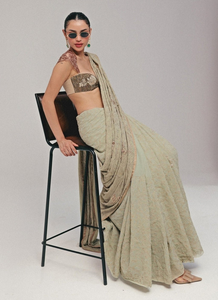The Little Black Bow Sage Green And Gold Georgette Silk SareeFabilicious Fashion
