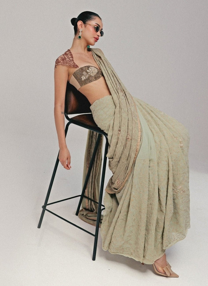 The Little Black Bow Sage Green And Gold Georgette Silk SareeFabilicious Fashion