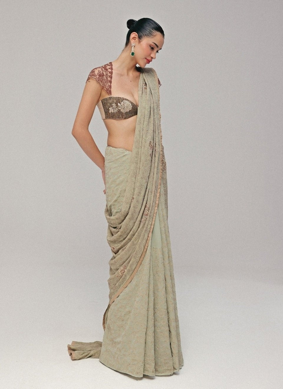 The Little Black Bow Sage Green And Gold Georgette Silk SareeFabilicious Fashion