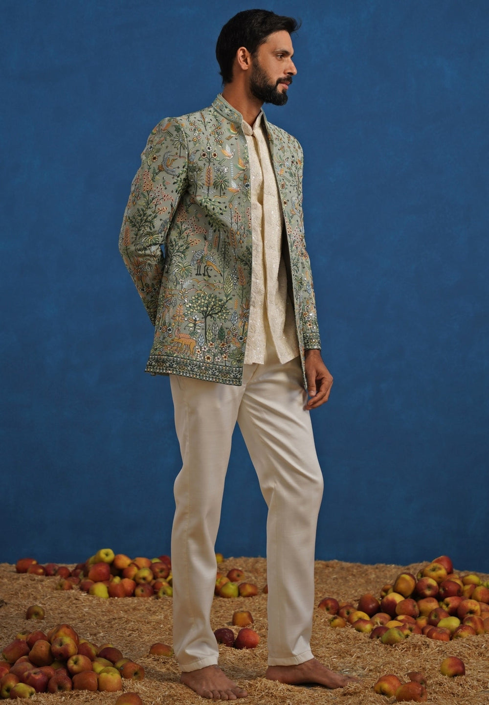 Sage Green and Ivory Georgette Jodhpuri Set Kalpraag - Fabilicious Fashion