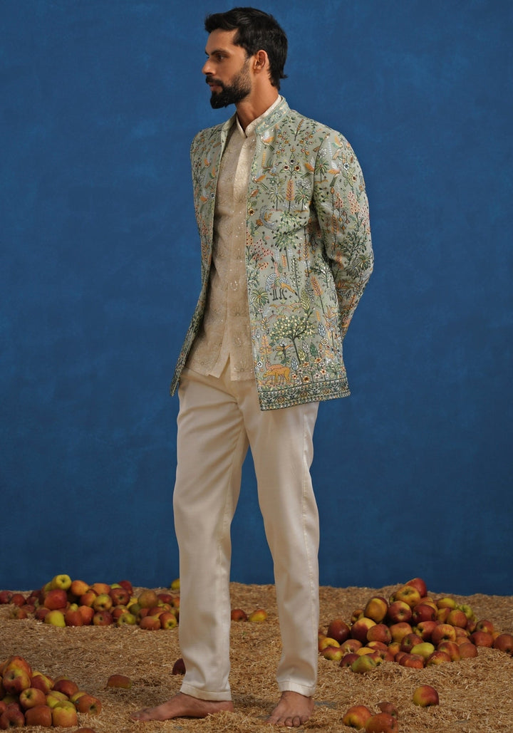 Sage Green and Ivory Georgette Jodhpuri Set Kalpraag - Fabilicious Fashion